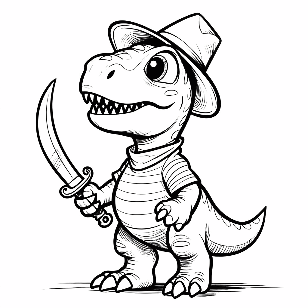 三角帽をかぶり、ストライプのシャツを着た小さな恐竜が湾曲した刀を持っている