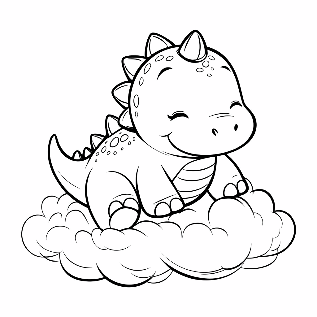 小さな恐竜がふわふわの雲の上でのんびりと横たわり、しっぽを自然に垂らしている