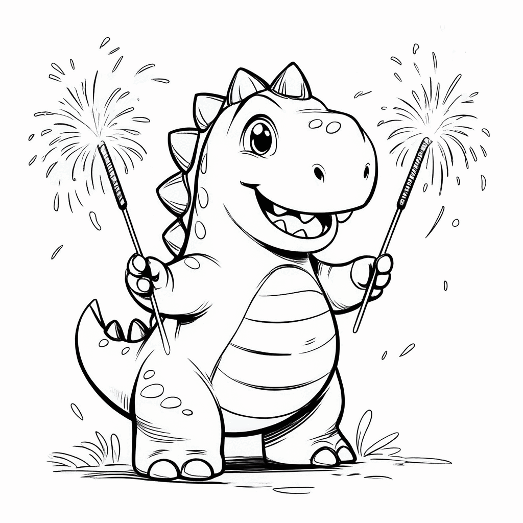 小恐龍站立著，雙手各舉一支燃燒的煙花，尾巴翹起，露出開心的表情