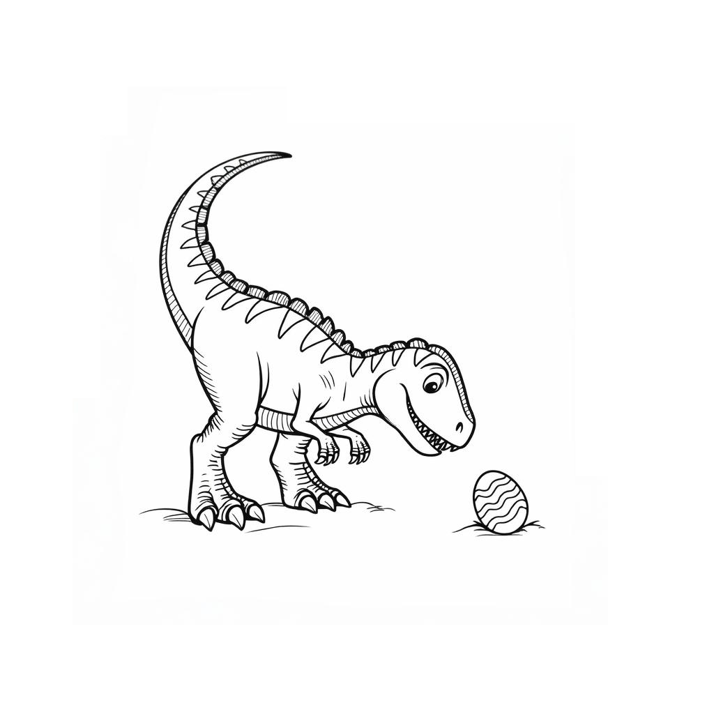 O dinossaurinho curvado procurando ovos de Páscoa, com a cauda erguida e os olhos fixos no chão