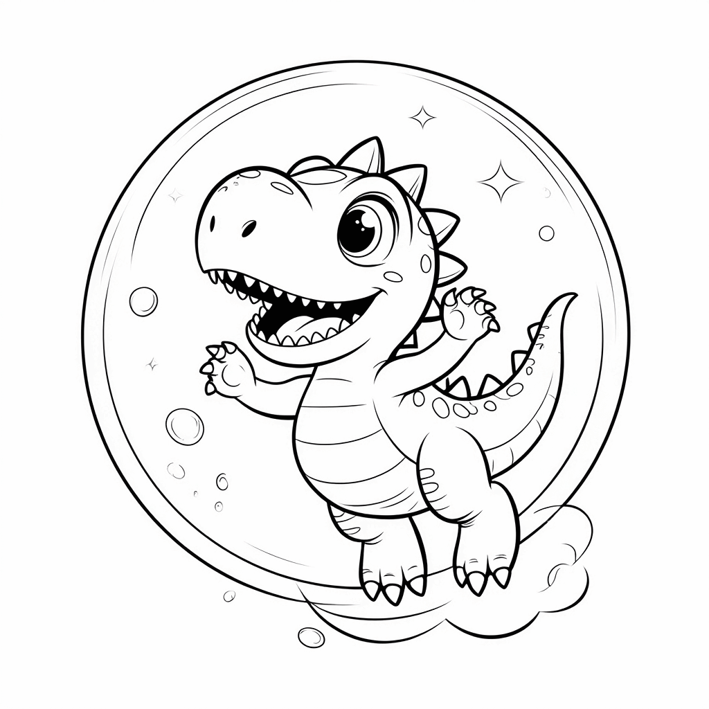Um pequeno dinossauro flutuando dentro de uma bolha de magia brilhante, acenando com as patinhas