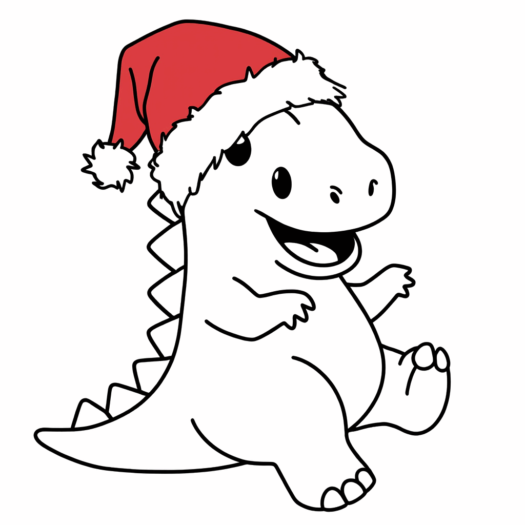 빨간 새해 모자를 쓴 작은 공룡이 기쁜 듯 앞발을 들고 있다