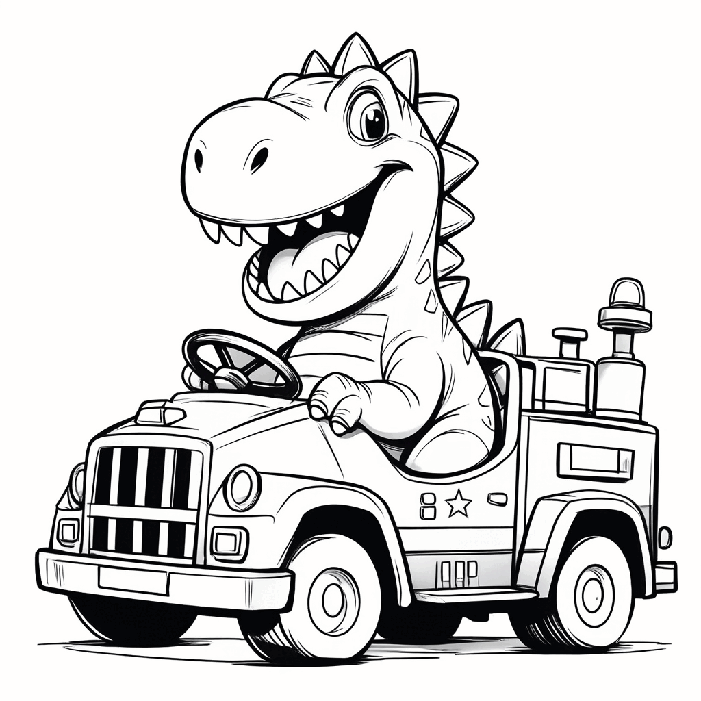 El dinosaurio sentado contento en un camión de bomberos de juguete, agarrando el volante con sus garras
