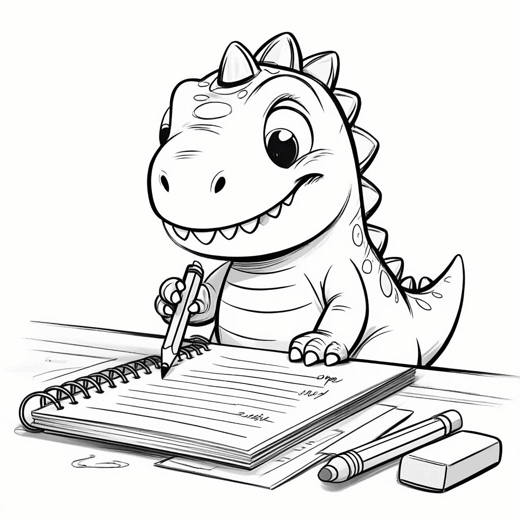 작은 공룡이 연필을 들고 테이블 앞에 서서 장보기 목록을 열심히 작성하고 있어요