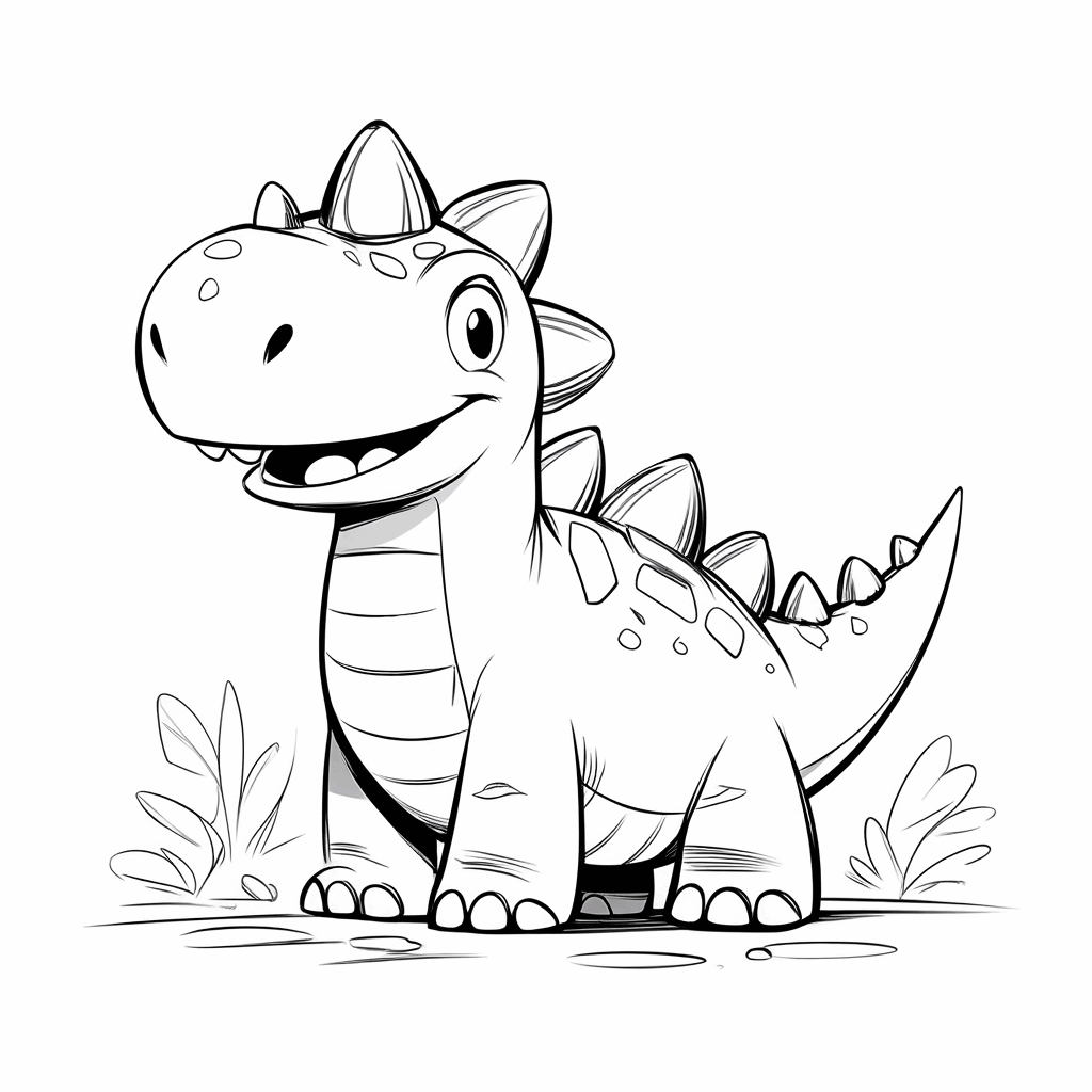 작은 공룡이 옆모습으로 서있으며 등에는 톱날 같은 등뼈, 살짝 치켜 올라간 꼬리, 행복한 표정