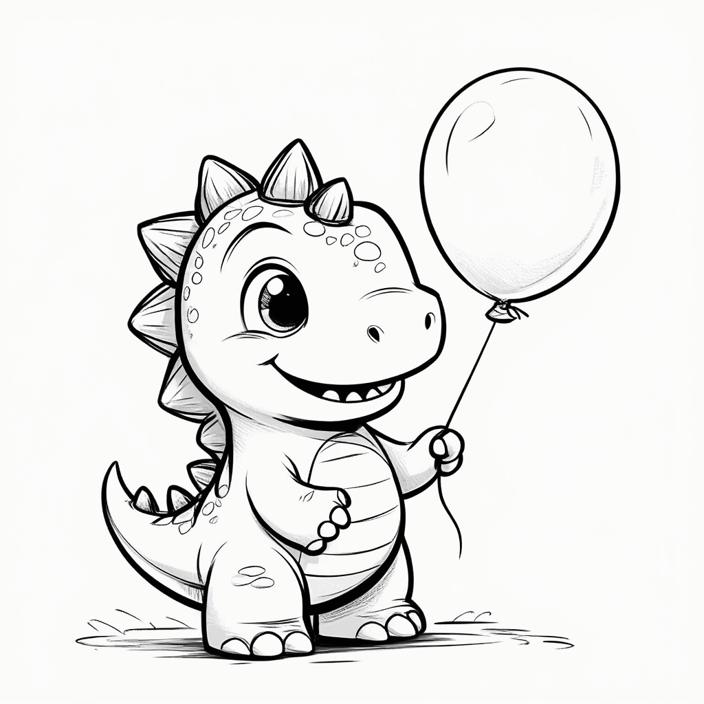 Un dinosaurio de puntillas tocando suavemente un globo flotante con sus patas delanteras