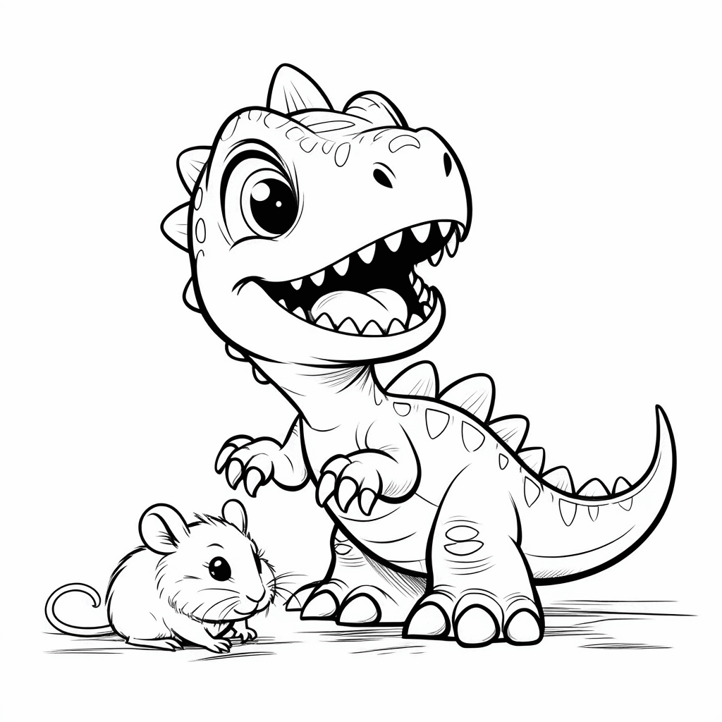 小さな恐竜が楽しそうに地面にうつ伏せになり、前足で目の前のハムスターを軽く触っている