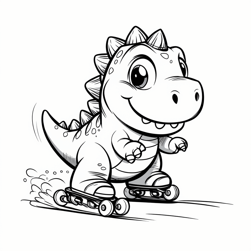 Ein kleines Dinosaurierchen trägt Rollschuhe, hebt die Vorderpfoten und gleitet schnell dahin