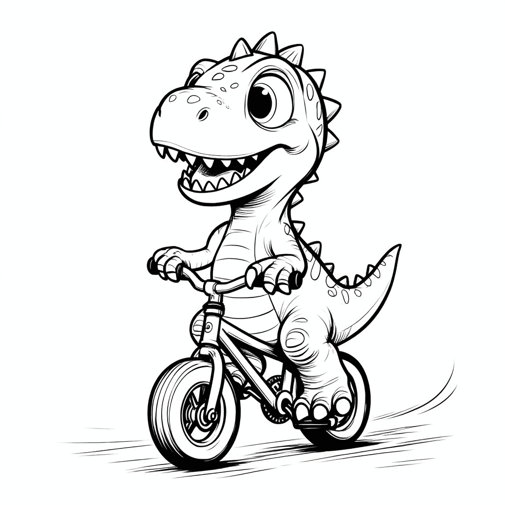 Un petit dinosaure souriant, les pattes avant sur le guidon et les pattes arrière sur les pédales, roulant à vélo