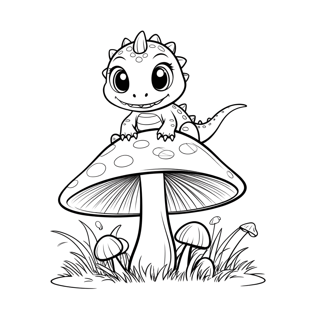 小さな恐竜が大きなキノコの上に座り、前足をキノコの縁に乗せ、しっぽを自然に垂らしている