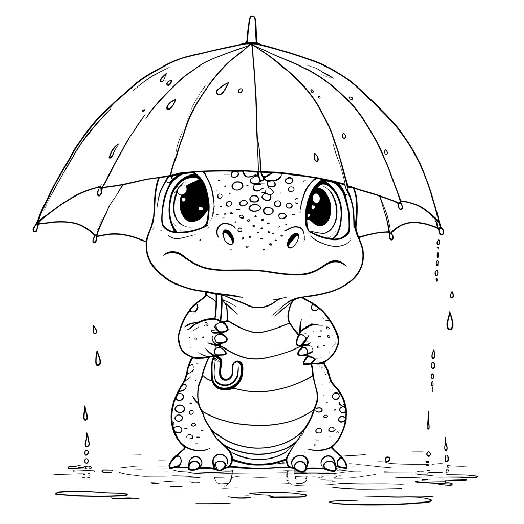 小さな恐竜がつま先立ちで、ミニ傘を必死に持ち上げながら困惑した表情をしている