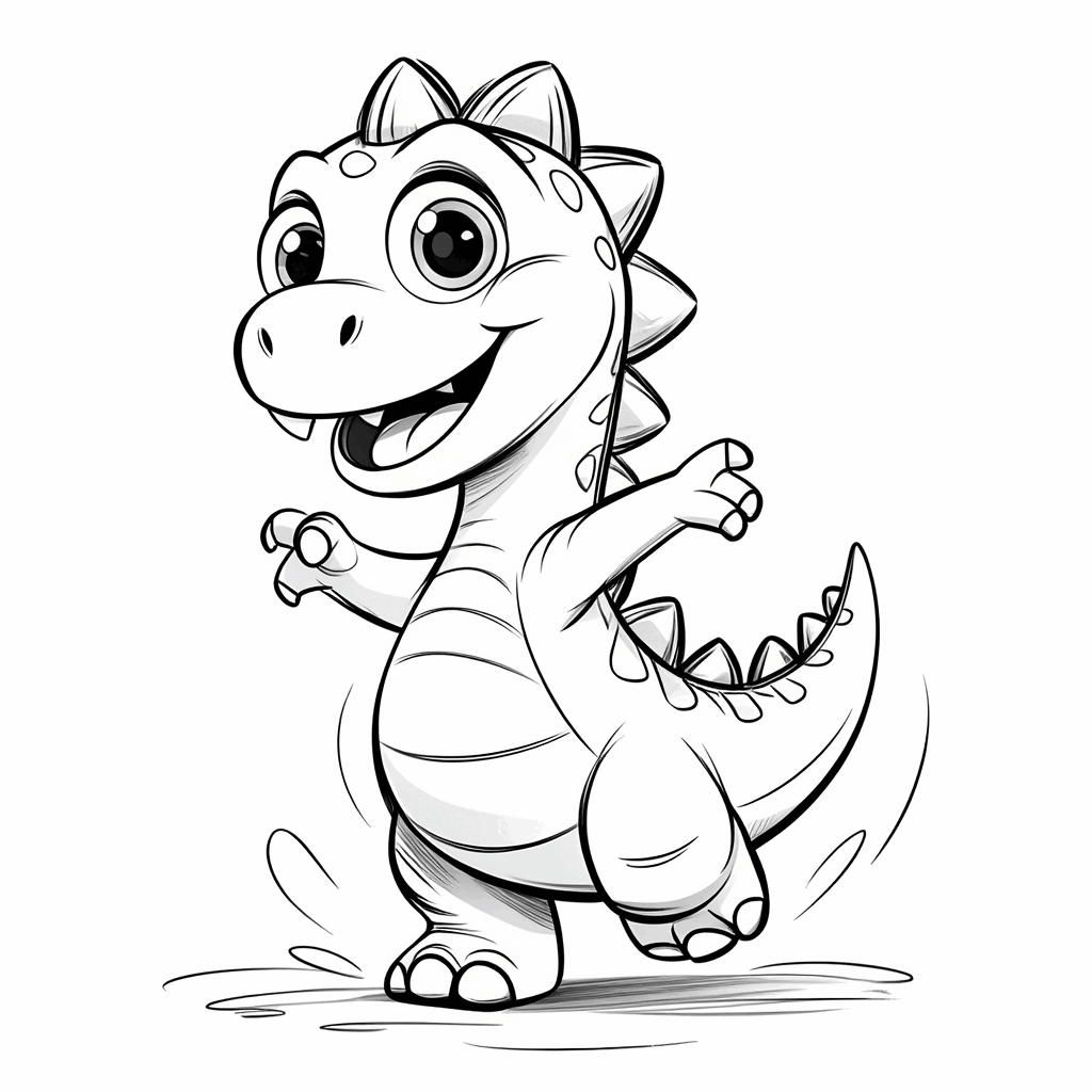 기쁨에 겨워 춤추는 작은 공룡, 통통한 몸매에 짧은 앞발, 치켜 올라간 꼬리, 활짝 웃는 입가