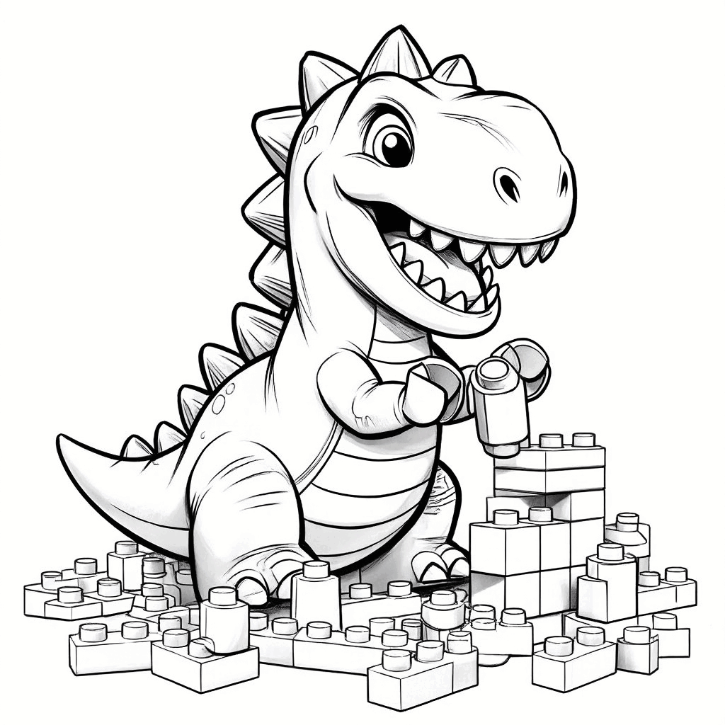 小さな恐竜が地面に座り、集中して爪でレゴブロックを組み立てている