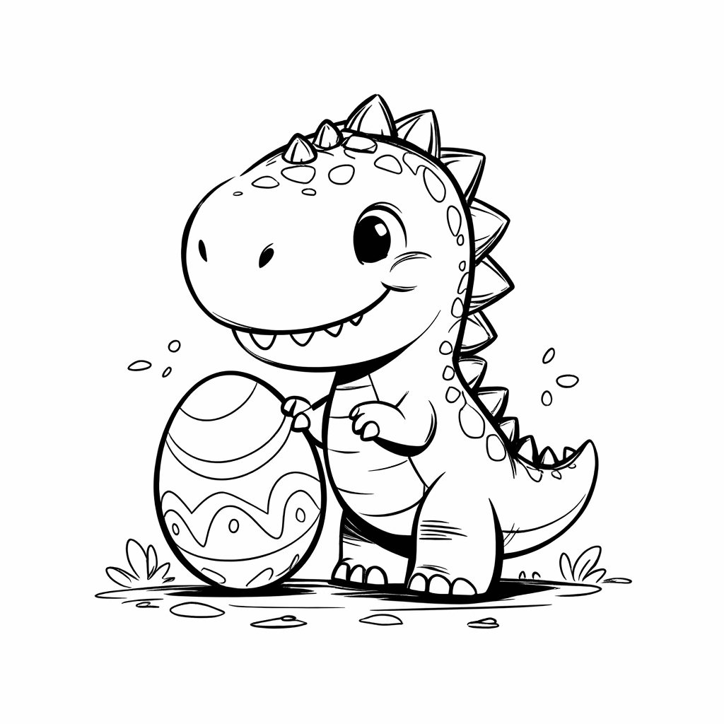 小さな恐竜がつま先立ちで立ち、爪でイースターエッグに縞模様を描いている