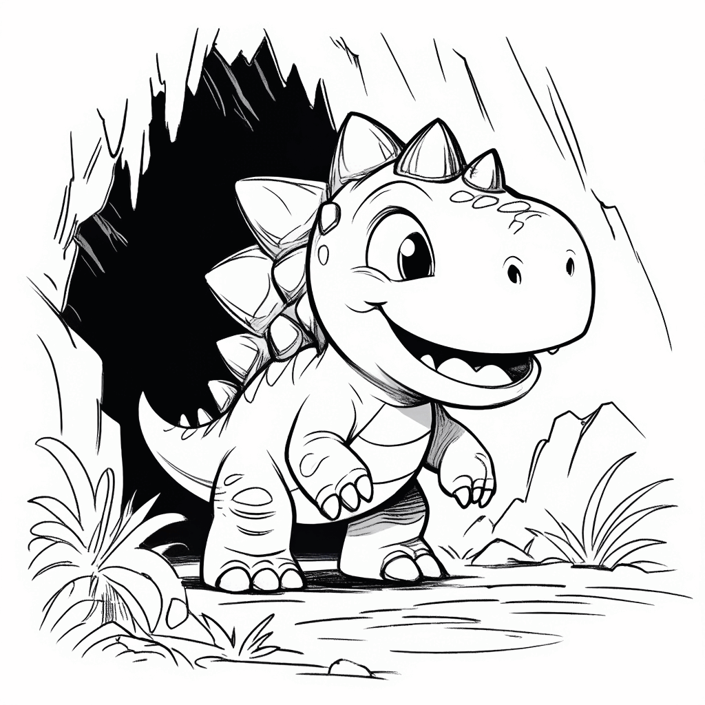 Ein neugieriger kleiner Dinosaurier steht auf Zehenspitzen und streckt den Kopf zum Eingang einer dunklen Höhle