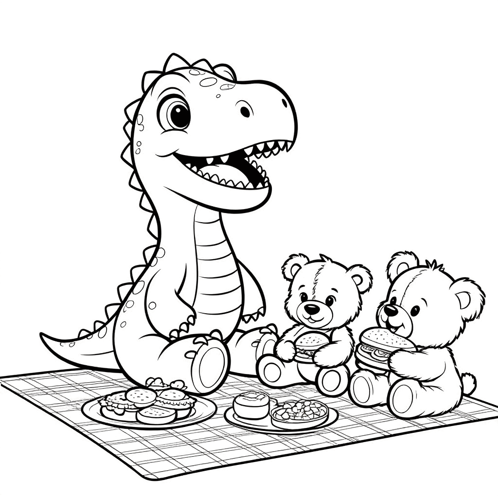 작은 공룡이 피크닉 매트 위에 앉아 세 마리 테디 베어와 샌드위치를 나누어 먹고 있다