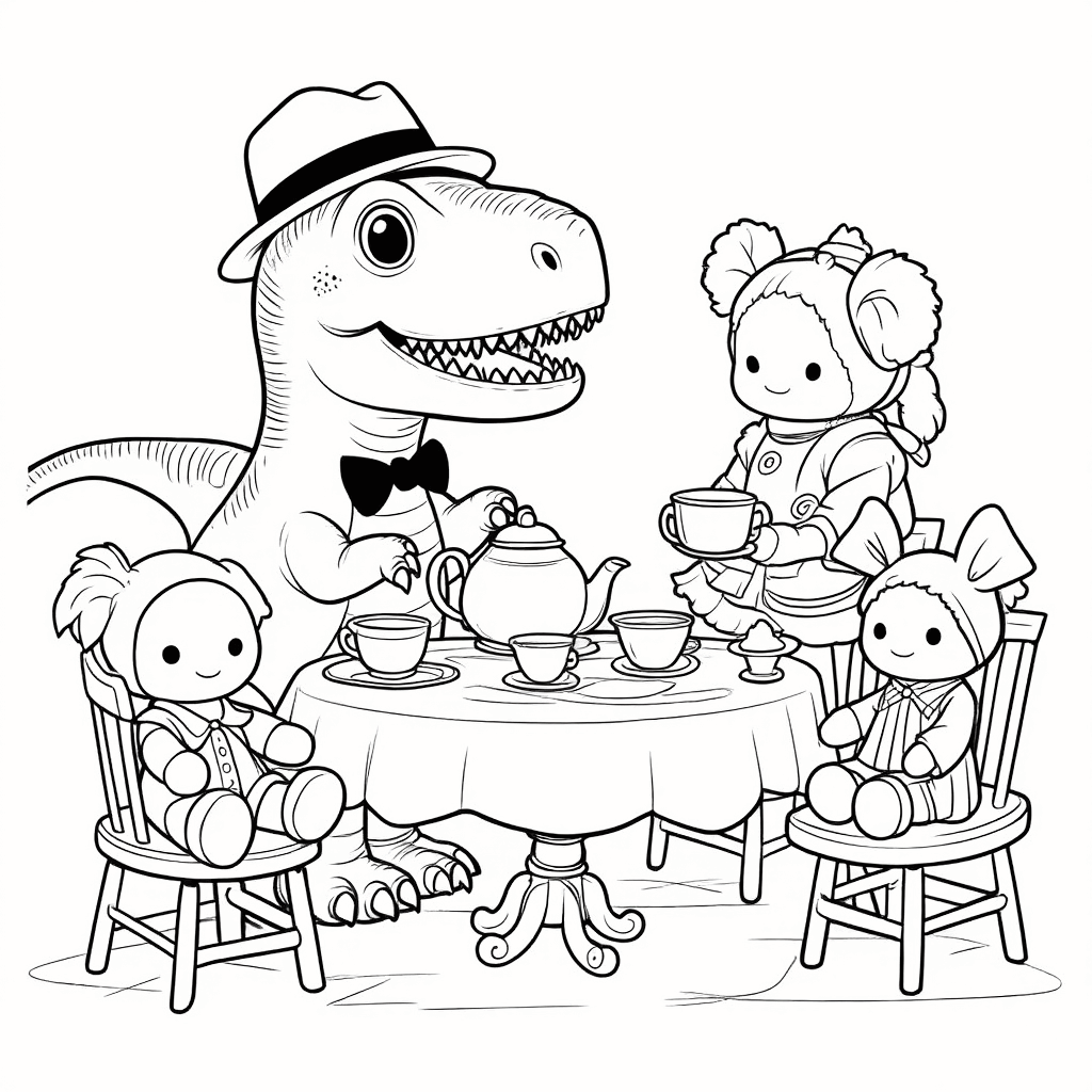 Kleiner Dinosaurier mit Teehut sitzt mit Stofftieren an einem Mini-Teetisch