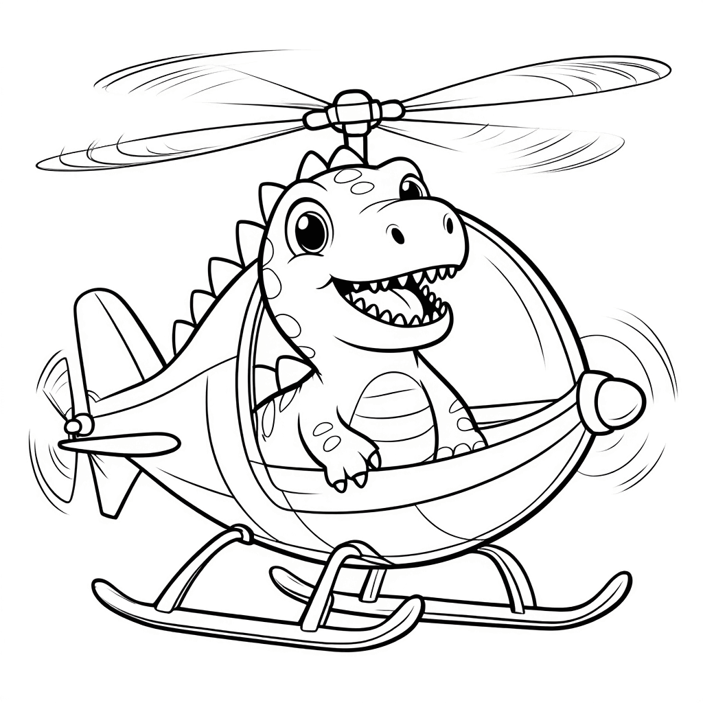 小さな恐竜が嬉しそうにおもちゃのヘリコプターに座り、プロペラが回っている