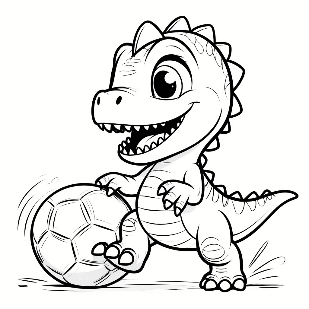 小恐龍抬起右腳踢足球，尾巴翹起保持平衡