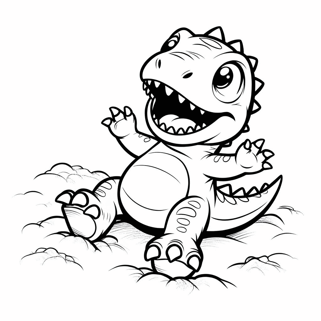 Le petit dinosaure allongé dans la neige, faisant joyeusement un ange de neige en agitant ses membres, la queue dressée