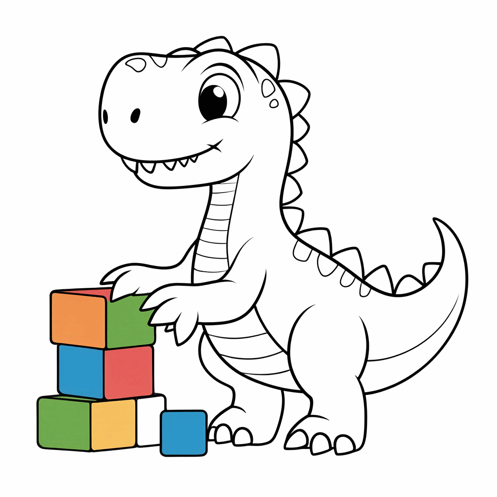 小恐龍用前爪整理彩色積木，尾巴翹起，表情專注