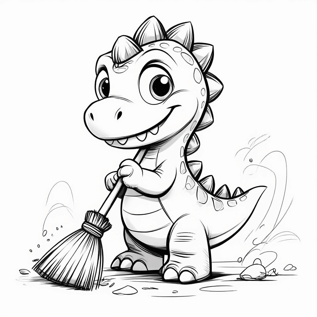Динозаврик стоит прямо и усердно подметает пол мини-метёлкой, хвостик поднят