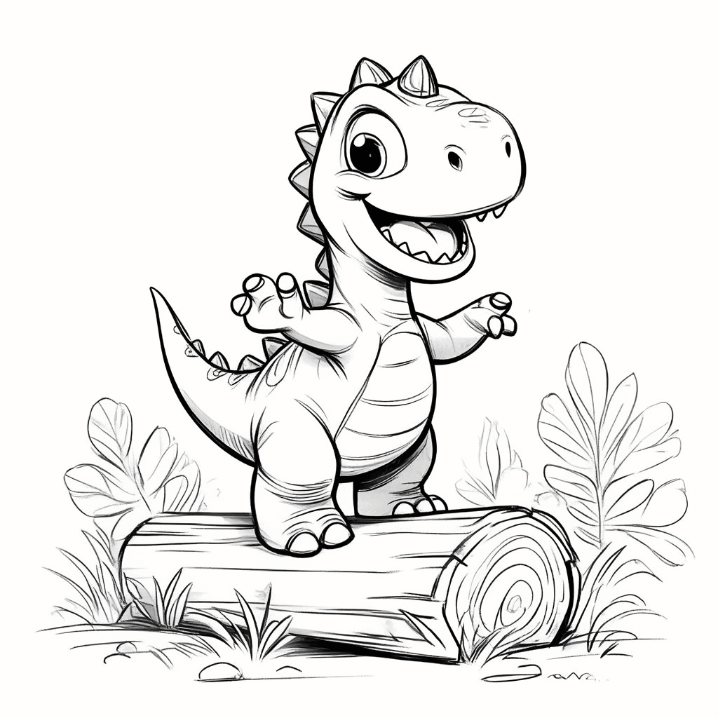 작은 공룡이 팔을 벌리고 통나무 위에서 흔들거리며 서 있고, 꼬리를 올려 균형을 잡고 있다