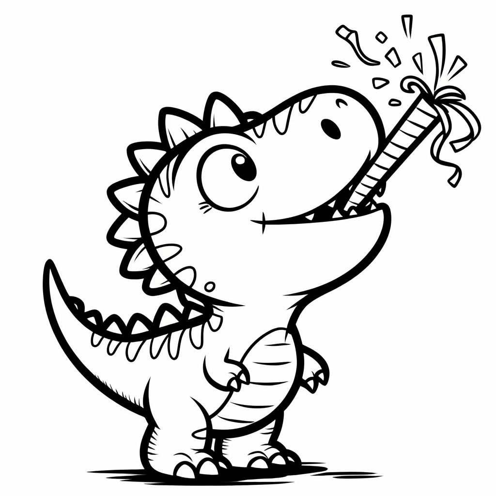 小さな恐竜が頭を上げて、カラフルなパーティーブローを嬉しそうに吹いている