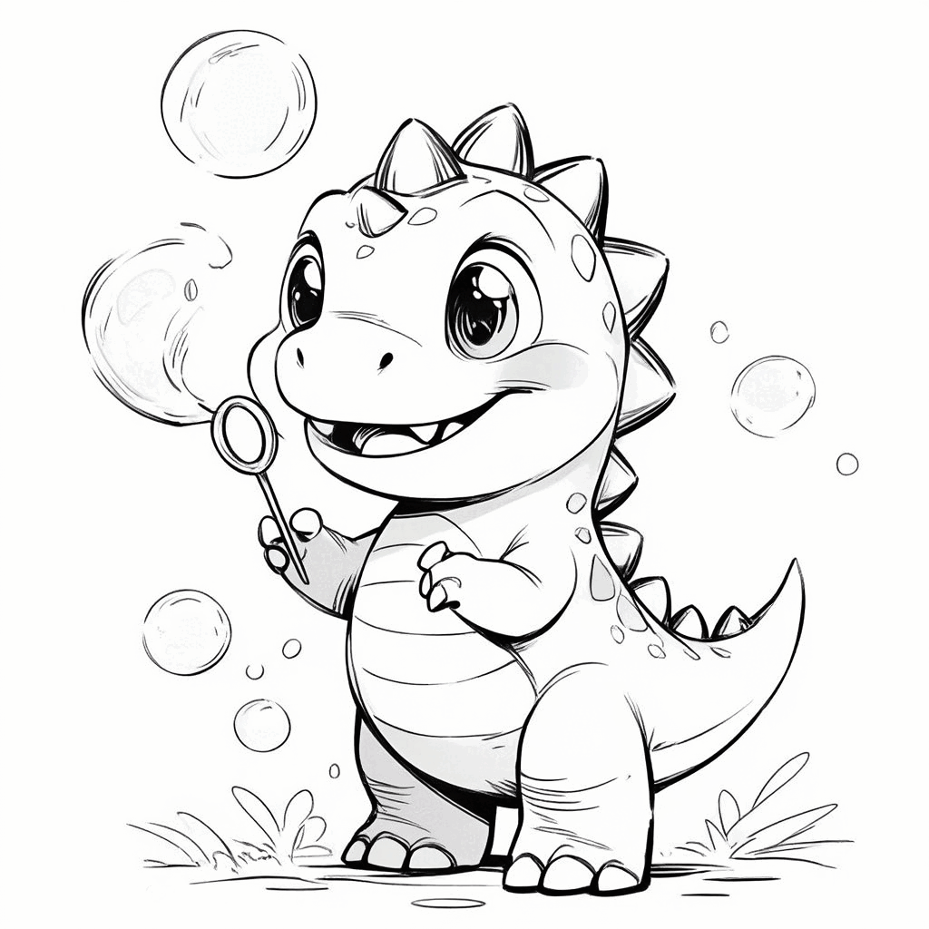 작은 공룡이 발끝으로 서서 비눗방울을 불며, 동그란 눈에 호기심이 가득한 표정