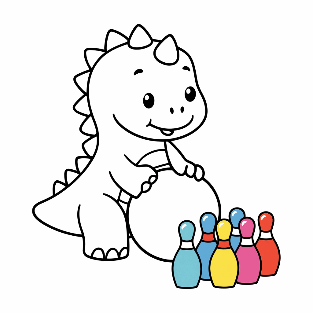 Seekor dinosaurus kecil menggulingkan bola dengan cakar depan, menabrak pin bowling mini berwarna-warni