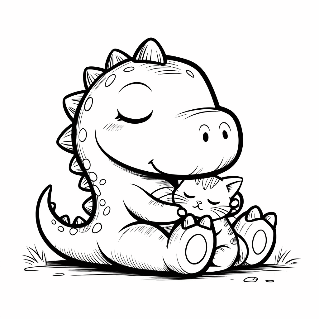 Dinosaurus mini meringkukkan badan, dengan lembut memeluk anak kucing