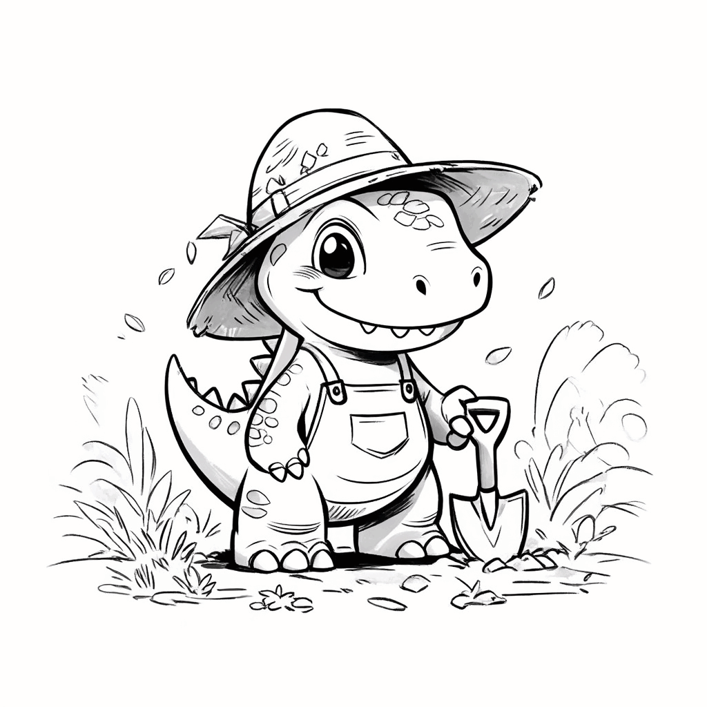 麦わら帽子をかぶりオーバーオールを着た恐竜が、小さなシャベルを持って畑に立っている