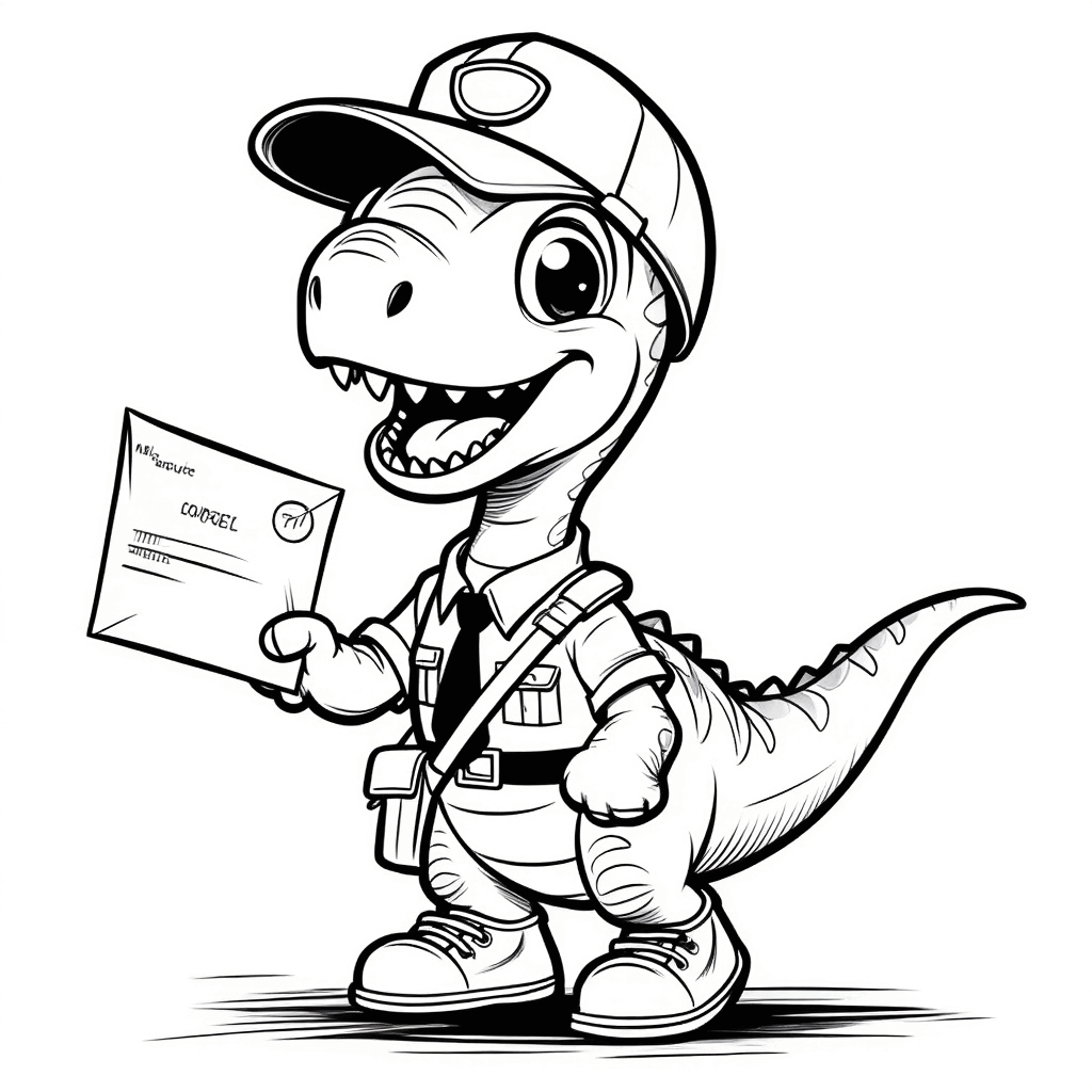 Der kleine Dinosaurier trägt eine Postuniform, hat eine Posttasche auf dem Rücken und hält fröhlich einen Brief hoch