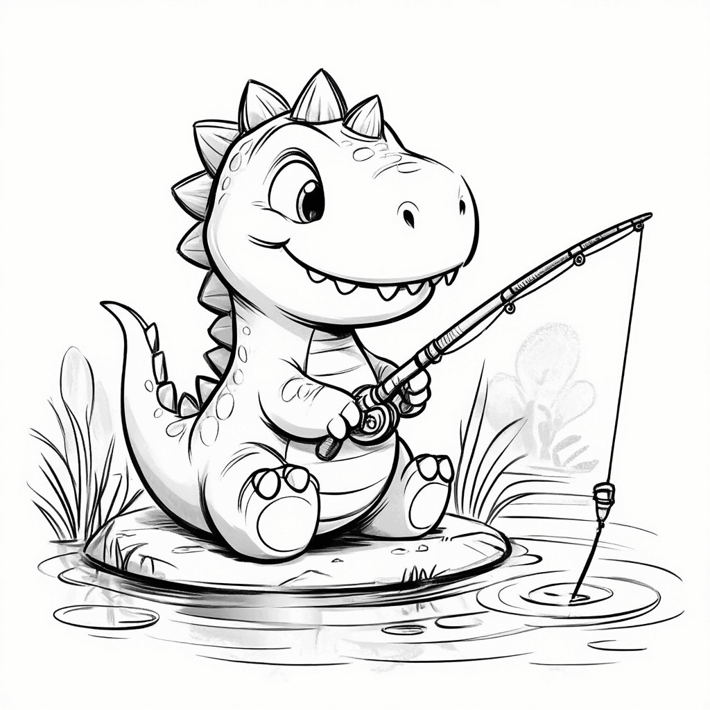 연못가에 앉아 낚싯대를 들고 꼬리를 치켜올린 채 물속을 집중해서 바라보는 작은 공룡