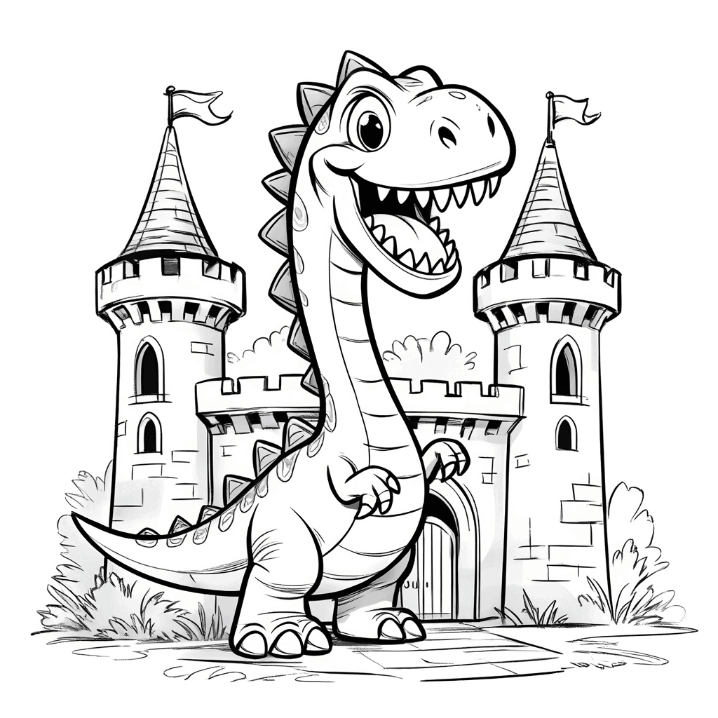 Dinossauro de braços abertos diante de um mini castelo, com expressão vigilante