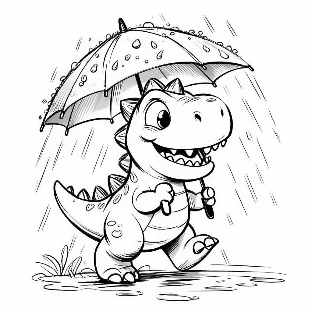 ديناصور مصغر يحمل مظلة صغيرة ويركض بسعادة تحت المطر
