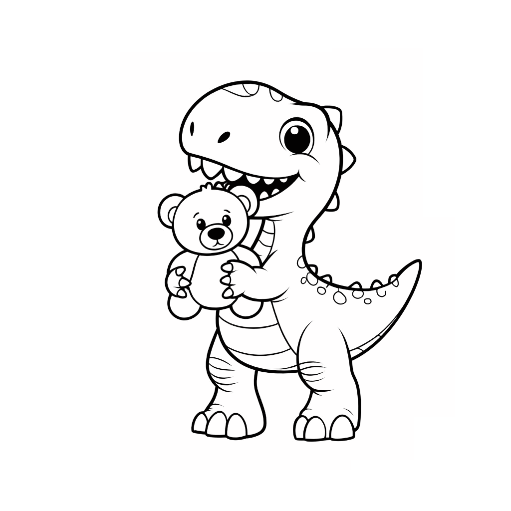작은 공룡이 앞발로 테디베어 인형을 꼭 끌어안고 행복한 미소를 짓고 있음