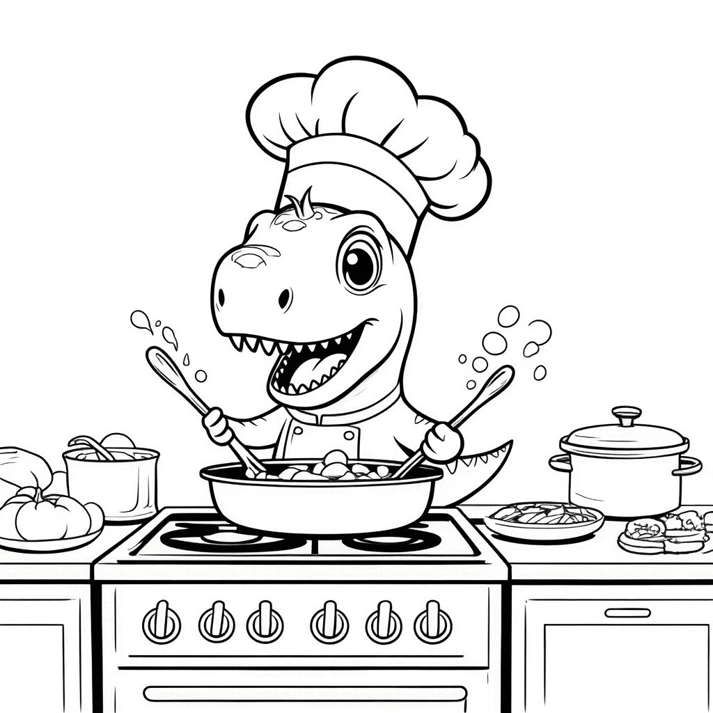 コック帽をかぶった小さな恐竜が、コンロの前で楽しそうに料理をしている