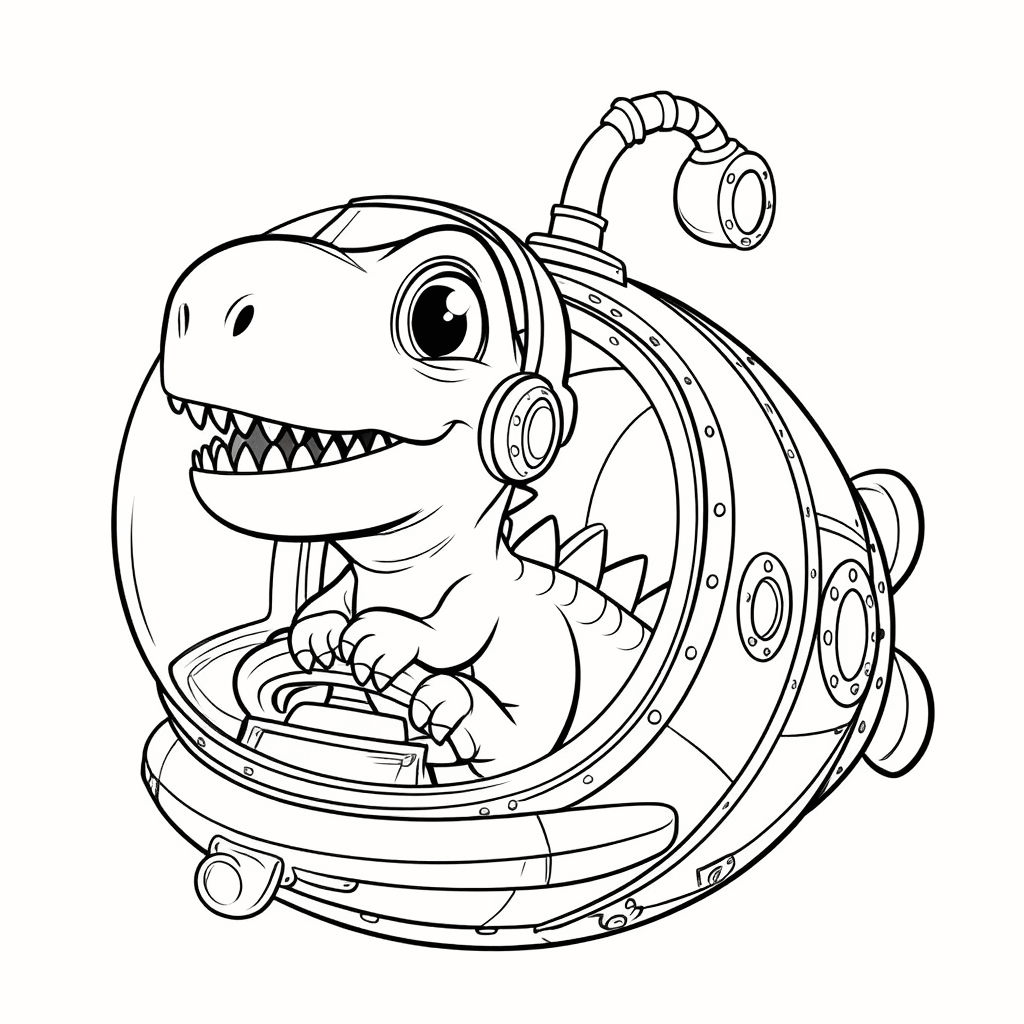 小さな恐竜がダイビングマスクをかぶり、ミニ潜水艦の中で好奇心いっぱいに外を眺めている