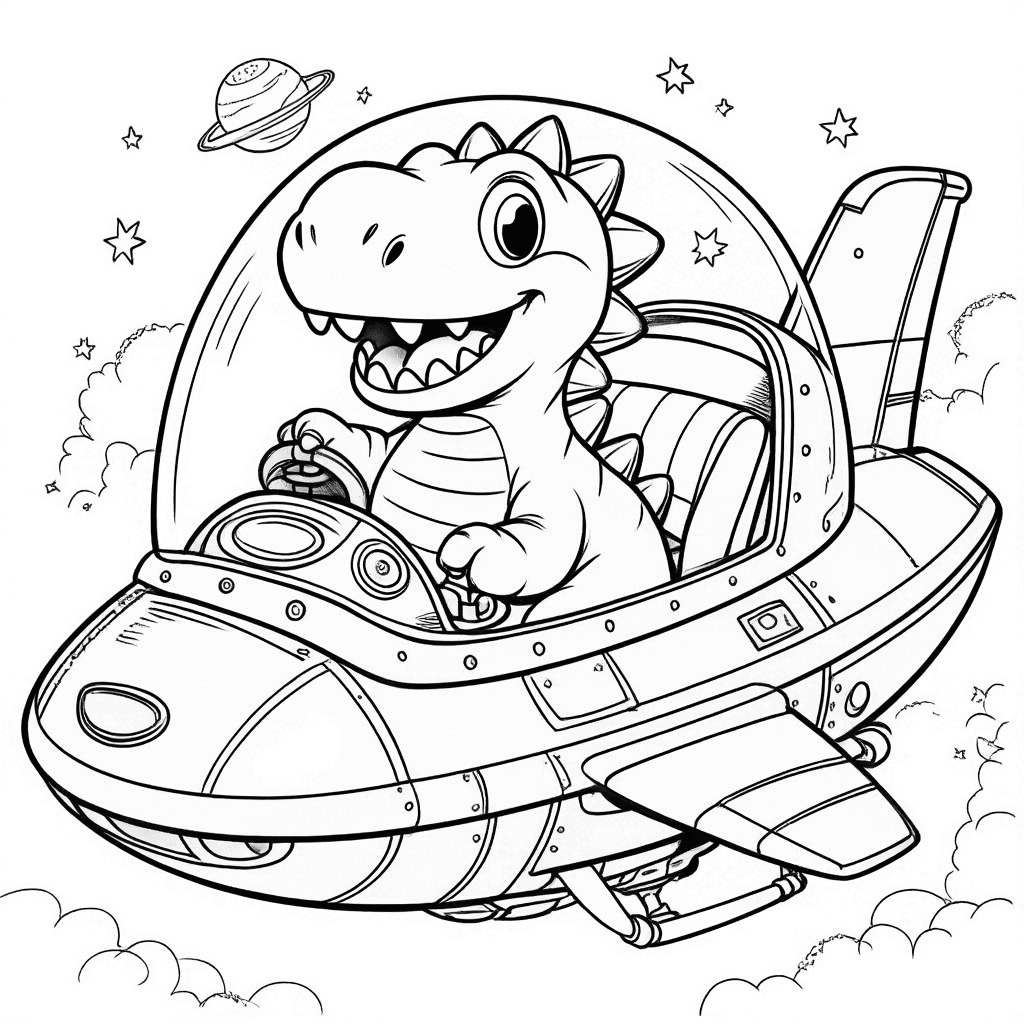 ديناصور صغير يجلس في قمرة قيادة مركبة فضائية يمسك بعصا التحكم وينظر إلى الأمام بحماس