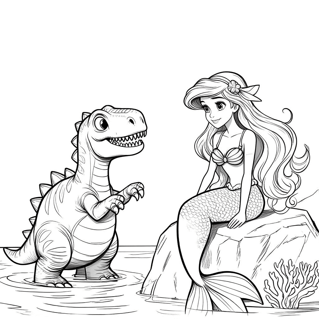 ديناصور صغير يقف على شاطئ البحر، يمد مخالبه بفضول، ويتواصل بصرياً مع حورية البحر الجالسة على صخرة