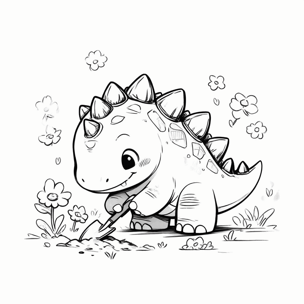 小さなシャベルを握って花を植える恐竜。周りには小さなつぼみがいくつか
