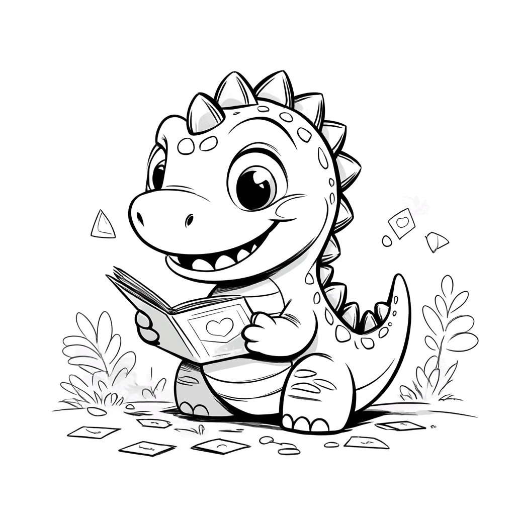 Der kleine Dinosaurier sitzt auf dem Boden, blättert konzentriert durch Gedächtniskarten, sein Schwanz ist aufgestellt