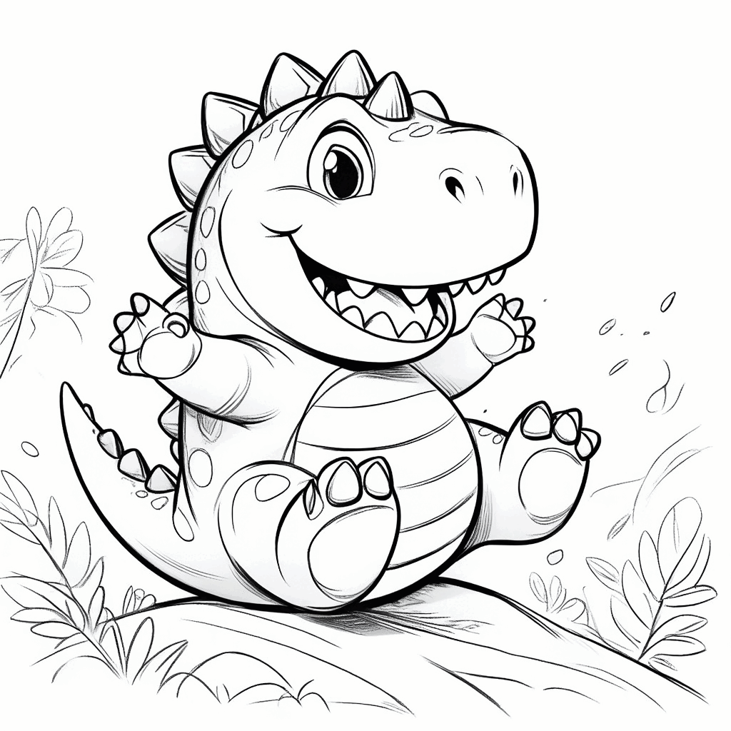 丸々とした小さな恐竜が丘の上から楽しそうに転がり落ち、手足を広げている