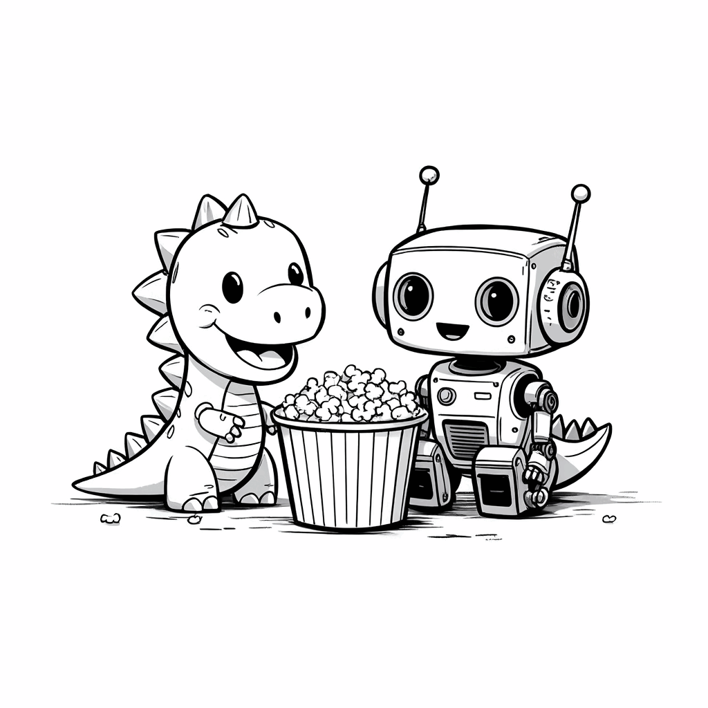 O dinossauro em miniatura e o robô sentados lado a lado compartilhando alegremente um balde de pipocas