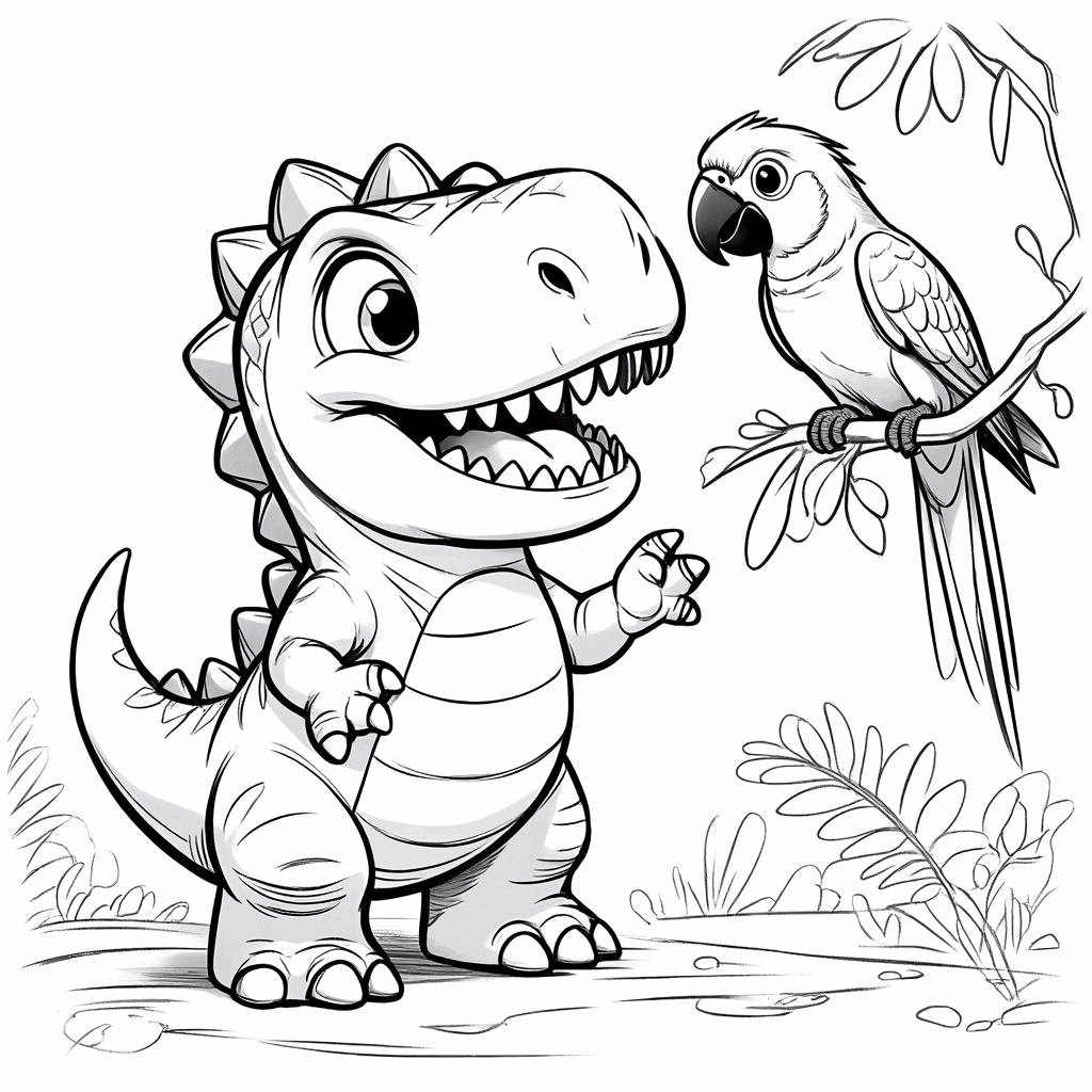 小さな恐竜が頭を上げ、前足を広げて、木の枝に止まっているオウムと話している