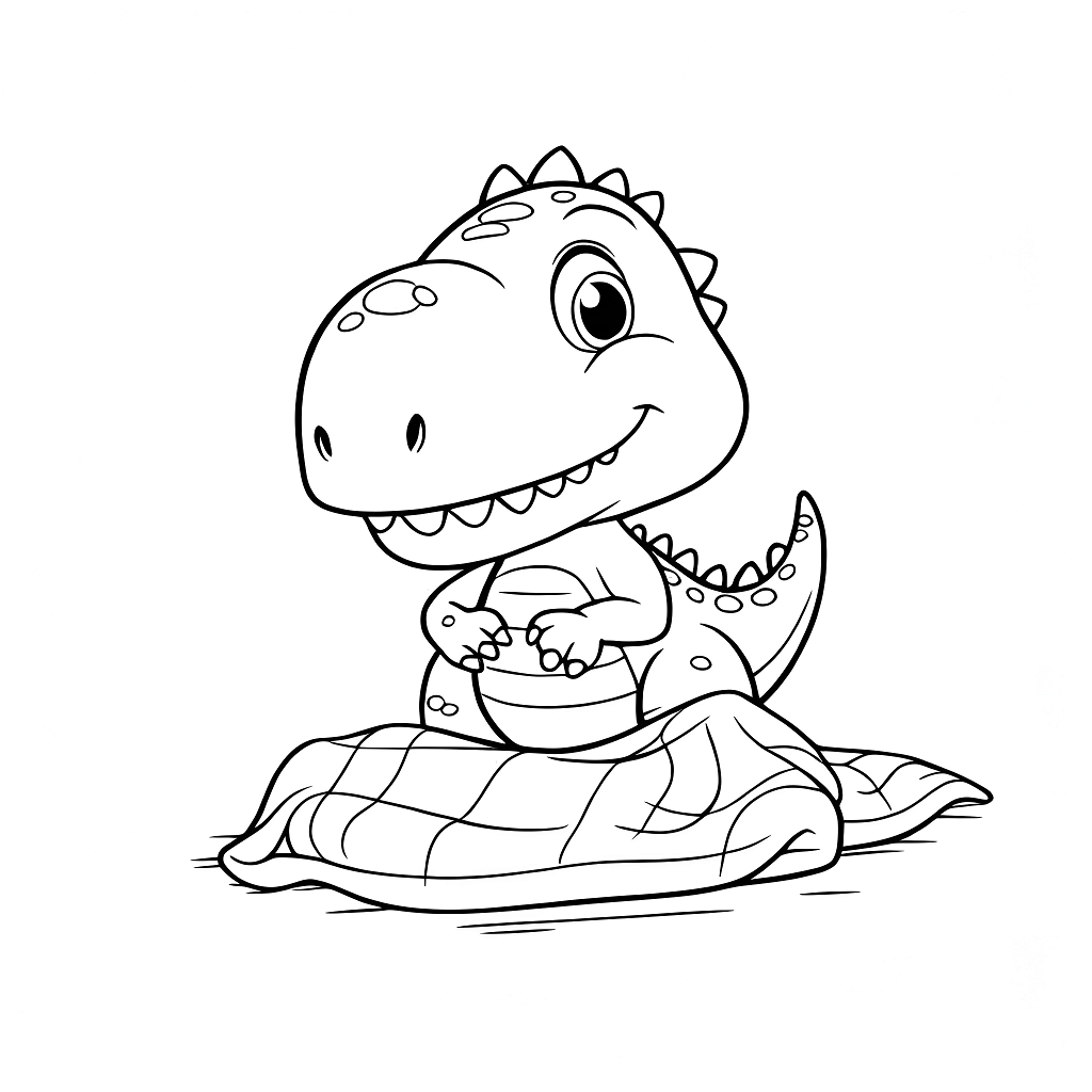 小さな恐竜が爪で不器用に毛布をたたみながら、しっぽを立てている