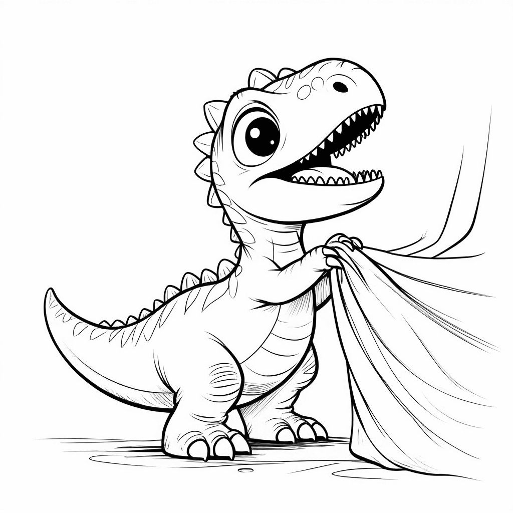 小さな恐竜がつま先立ちで、短い前足を使って一生懸命シーツを引っ張っている