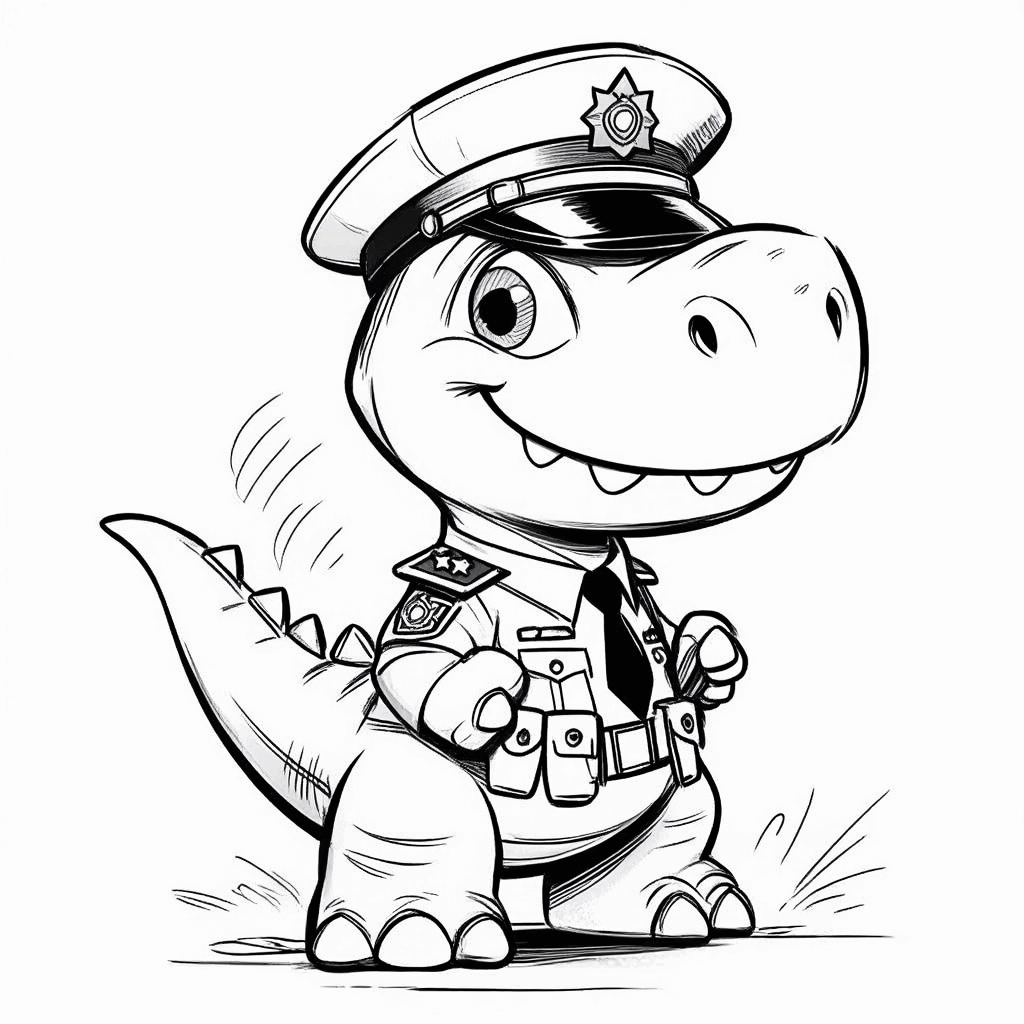 ديناصور صغير يرتدي شارة شرطة، يقف منتصبًا مع ذيل مرفوع وتعبير وجه جاد