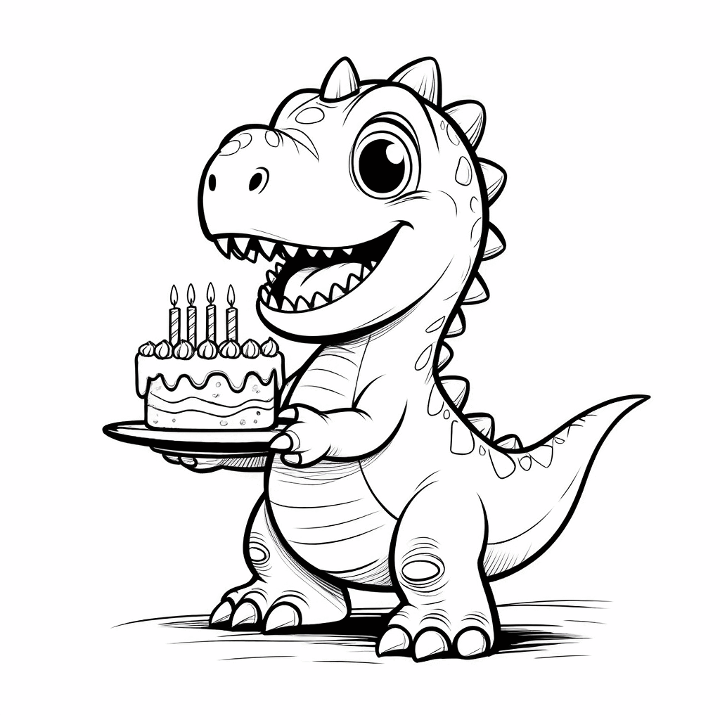 小さな恐竜が嬉しそうにろうそくが立った誕生日ケーキを抱えている